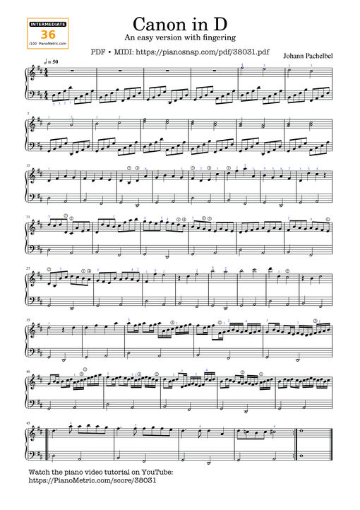 Canon in D Sheet Piano (An easy version with fingering)