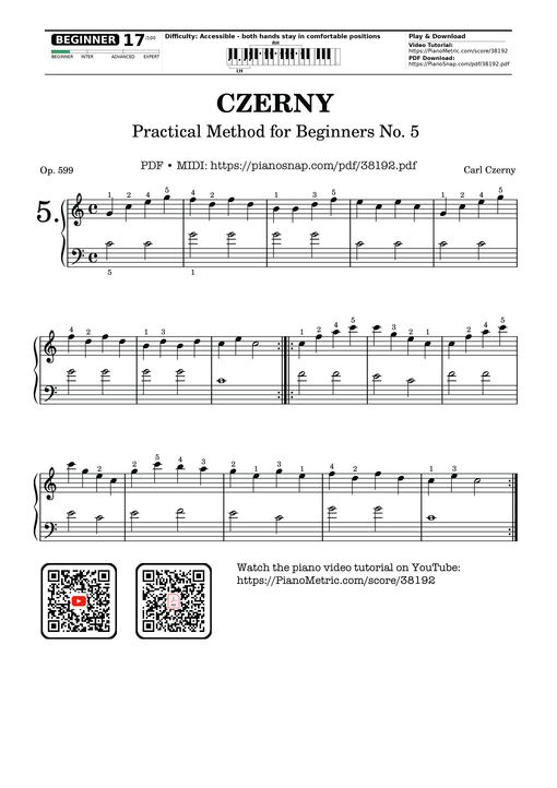 Sheet music preview - CZERNY - Practical Method for Beginners, Op. 599, No. 5