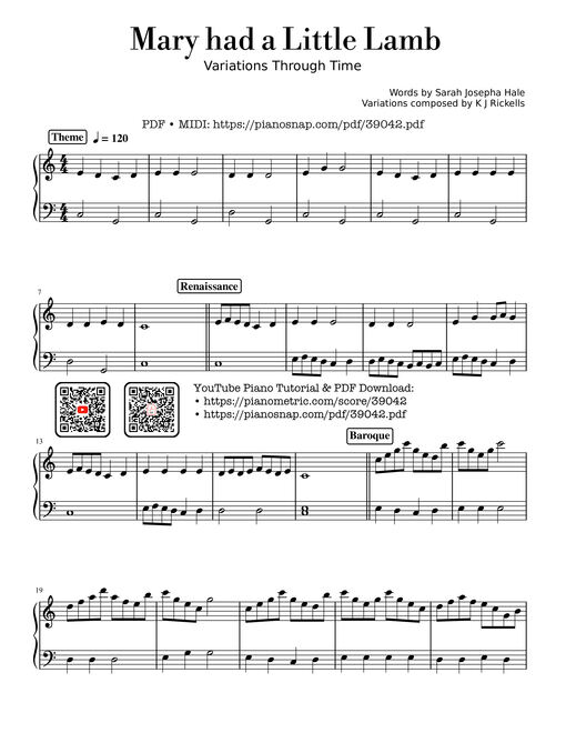 Sheet music preview - Mary had a Little Lamb - variations through time Piano