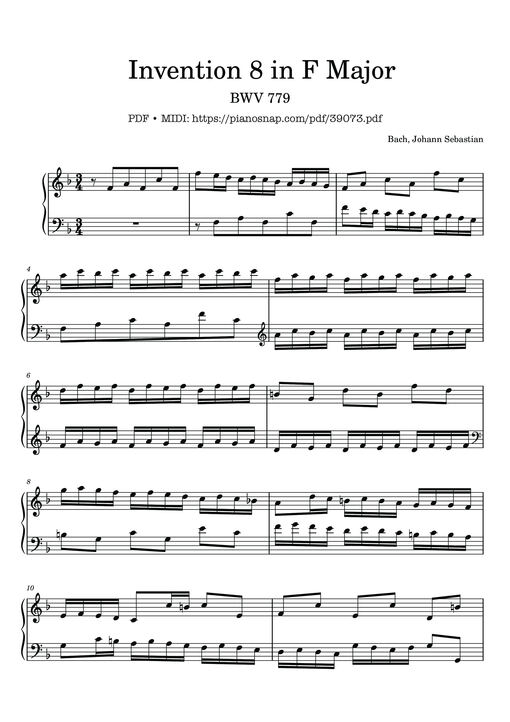 Sheet music preview - Invention 8 in F Major,  BWV 779
