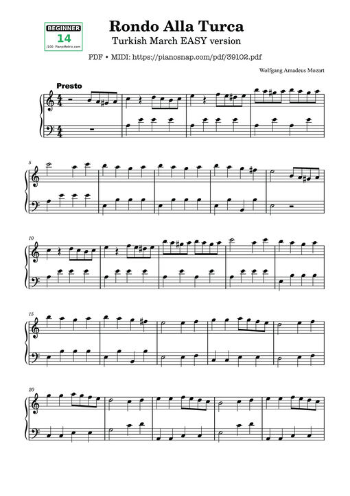 Sheet music preview - Rondo Alla Turca - Turkish March Simplified version