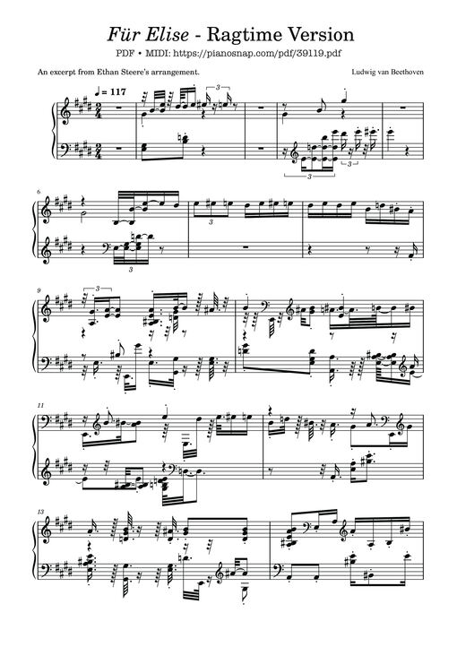 Sheet music preview - Fur Elise - Ragtime Version