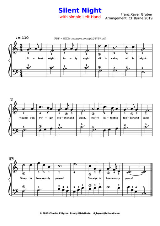 Silent Night sheet piano EASY with fingerprint